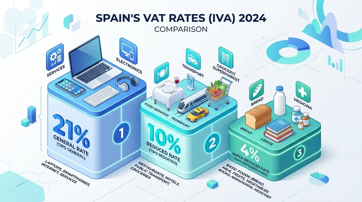 Tipos de IVA en España: General (21%), Reducido (10%) y Superreducido (4%)